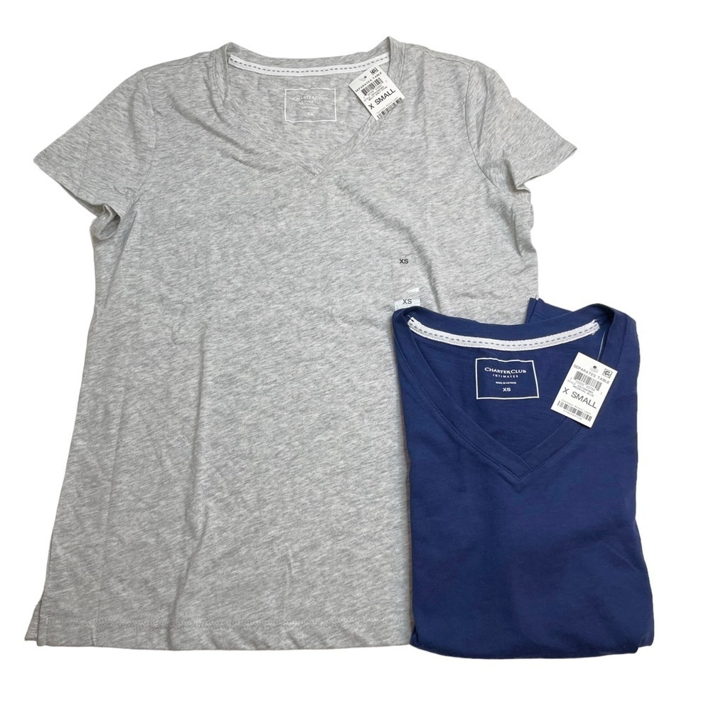 Charter Club Everyday Cotton V-Neck Pajama Shirts Bundle Grey & Blue XS New